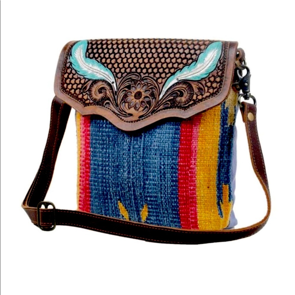 New Blue Feather Hand Tooled Canvas Leather Bag